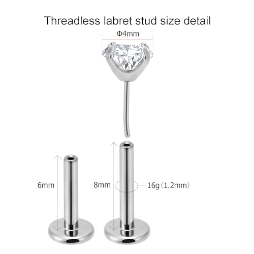20g/18g/16g Titanium Press Fit Threadless Push in Labret Stud