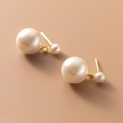 Double Pearl Drop Earrings for Women 925 Sterling Silver | 18k Gold Plated Big Large Pearl Dangle Earrings Pearl Dangling Stud Earring Bridal Wedding Jewelry Birthday Gifts for Mom - color: F-Silver