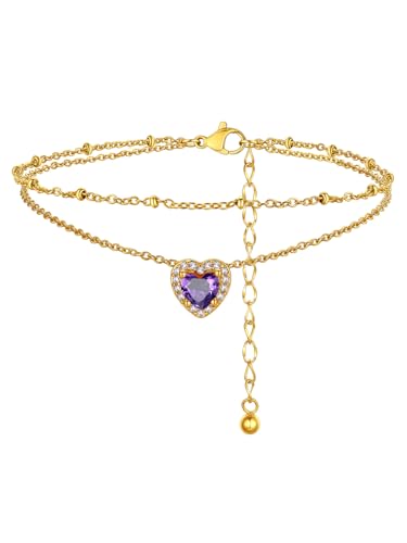 FindChic Bling Heart Birthstone Anklets Layered Beaded Ankle Bracelets for Women Gold/Black/Silver 12 Month Gem Colors Foot Chain Summer Jewelry for Girls, with Gift Box - color: Gold, style: 02. Feb.-Created Amethyst
