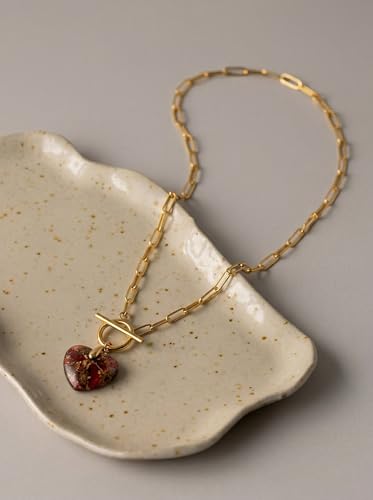 Puff Heart Healing Stone Necklace for Women, 14K Gold Plated Choker Paperclip Stainless Steel Chain, Colorful Natural Stone Boho Necklace Jewelry Gift for Women - color: Red Stone-Gold