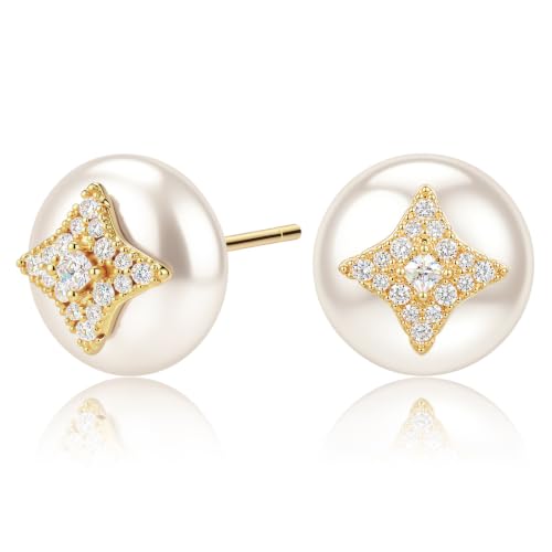 Square Statement Stud Earrings for Women, White Gold Plated with 925 Sterling Silver Post, Hypoallergenic Earrings for Sensitive Ears, Aquamarine Gemstone Jewelry Gift for Women - color: QISE-10-RoundPearl