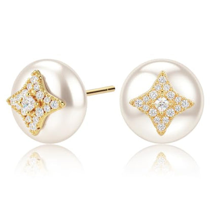 Square Statement Stud Earrings for Women, White Gold Plated with 925 Sterling Silver Post, Hypoallergenic Earrings for Sensitive Ears, Aquamarine Gemstone Jewelry Gift for Women - color: QISE-10-RoundPearl