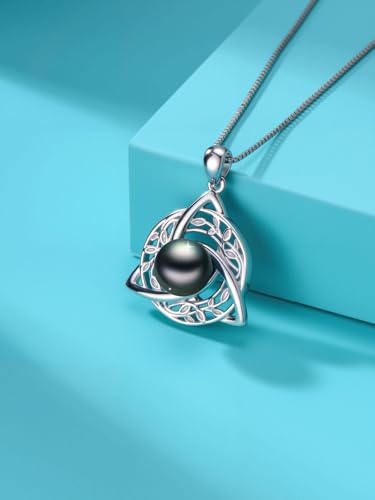 Tahitian Black Pearl AAAA 18K White Gold Plated Sterling Silver Leaf Celtic Knot Pendant Necklace for Women Wife Mom Girlfriend Her Jewelry Gift for Anniversary Birthday