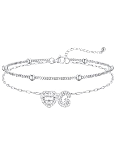 FaithHeart Waterproof Initial Ankle Bracelets for Women, Initial Anklets with Heart CZ Stainless Steel Layered Letter A-Z Anklet No Tarnish Ankle Jewelry - color: Silver, size: Initial G