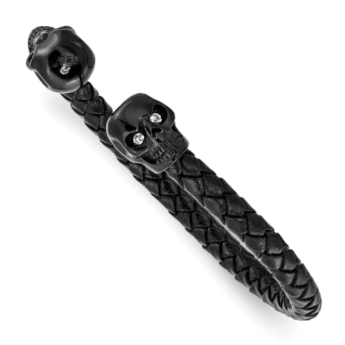 Chisel Skull Braided Leather Cuff Bangle in Stainless Steel