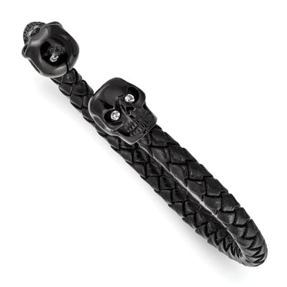 Chisel Skull Braided Leather Cuff Bangle in Stainless Steel