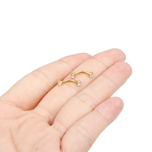 16G Eyebrow Piercing Jewelry Surgical Steel Cubic Zirconia Internally Threaded Vertical Labret Lip Jewelry Curved Barbell Tiny Eyebrow Rings Ear Rook Small Belly Button Ring for Women Men - color: goldtone,bar length:8mm