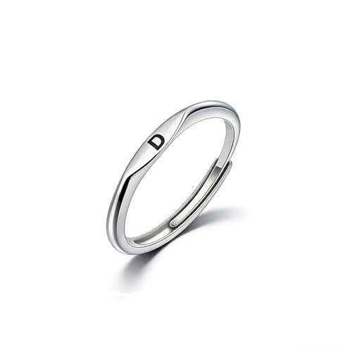 Thin Stacking Initial Rings for Women Stackable Plain Letter Ring Open Adjustable Silver Capital Alphabet Letter Band Ring - color: D