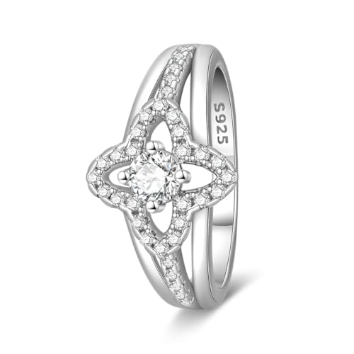 KUNSIR 925 Sterling Silver Rings Classic Cubic Zirconia Eternity Promise Statement Anniversary Wedding Bands Engagement Rings for Women Infinity Forever Love Ring Size 7-9 - style: Four Leaf Clover Ring