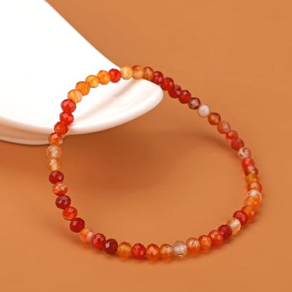 Natural Faceted Crystal Bracelet for Women,4mm Gemstone Round Beads Bracelets Adjustable Stretchy Healing Crystal Beads Bracelets Dainty Jewelry Gift - color: Carnelian