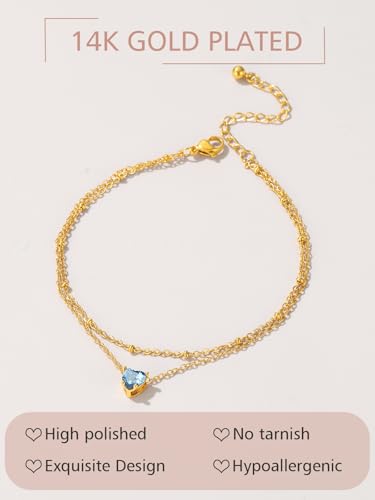 FindChic Bling Heart Birthstone Anklets Layered Beaded Ankle Bracelets for Women Gold/Black/Silver 12 Month Gem Colors Foot Chain Summer Jewelry for Girls, with Gift Box - color: Gold, style: 10. Oct.-Created Pink Tourmaline(Prong Setting)