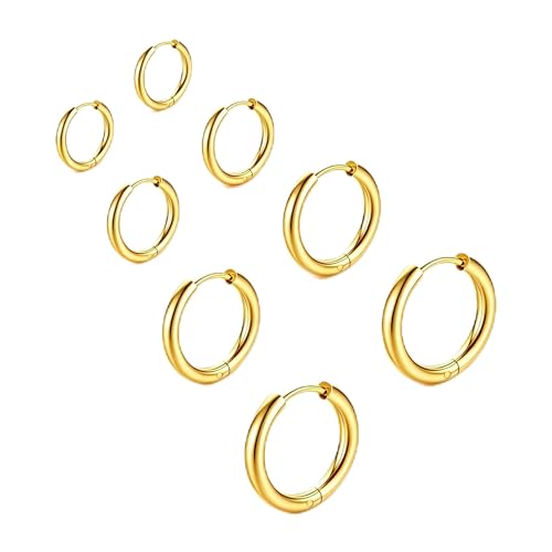 4 Pairs Small Gold Silver Huggie Hoop Earrings for Women Surgical Steel Set | 14K Gold Plated 316L Stainless Steel, 6/8/10/12 mm, Hypoallergenic, Lightweight, Mini Jewelry - color: Gold/4 Pairs