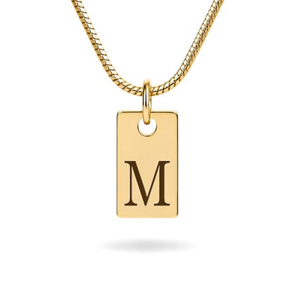 Initial Necklace in 18K Gold Plated, Personalized Engraved Letter Pendant, Gold Snake Chain, 6×10 mm Rectangle Charm for Women - color: M