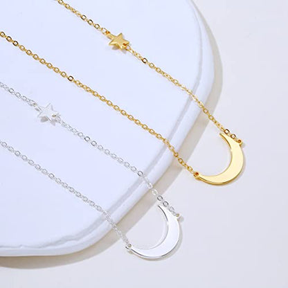 Dainty Moon and Star Pendant Necklace for Women 14K Gold Crescent Moon Long Necklace Delicate Tiny Star Charm Necklace Minimalist Jewelry - style: Sideways Moon+Star-GD