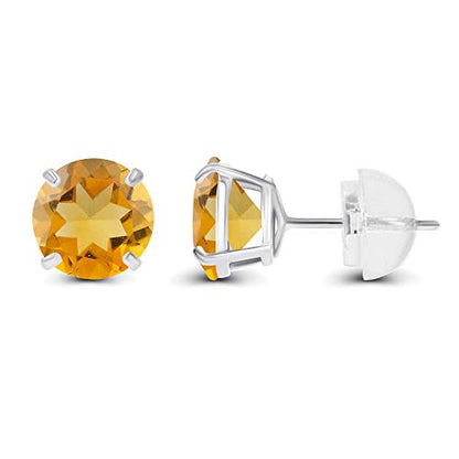 Solid 14K Yellow, White or Rose Gold 4mm Round Genuine Gemstone Birthstone Prong Set Stud Earrings For Women - color: Citrine