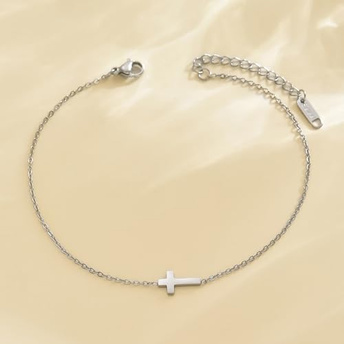 NONAMOIS Ankle Bracelets for Women Dainty 18K Gold Plated Anklet | Stainless Steel Waterproof Satellite Beaded Pearl Star Cross Chain Anklets Non Tarnish Summer Beach Foot Jewelry Gifts - color: Tiny Cross-WG