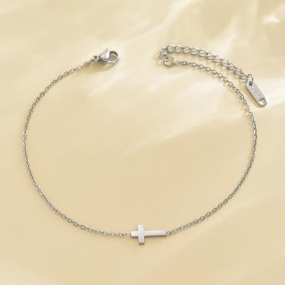 NONAMOIS Ankle Bracelets for Women Dainty 18K Gold Plated Anklet Waterproof Round Beaded Paperclip Herringbone Pearl Chain Anklets Waterproof Beach Foot Jewelry - color: Tiny Cross-WG