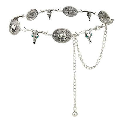 ILuvatar Western Metal Concho Belt for Women Cowgirl Waist Chain for Women Dress Pants Adjustable - color: Silver-t22