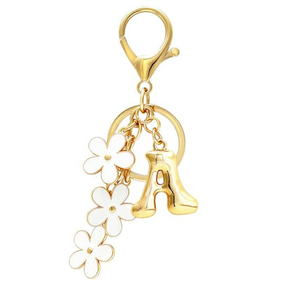 Floral Series Initial Bag Charm, Cute Flower & Bubble Letter Purse Charms, Keychain Accessories Gift for Women - color: White Flower, style: A