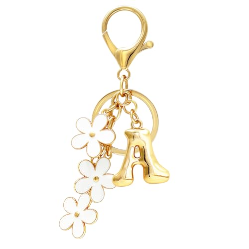 Floral Series Initial Bag Charm, Cute Flower & Bubble Letter Purse Charms, Keychain Accessories Gift for Women - color: White Flower, style: A
