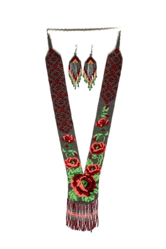 Long Beaded Necklace – Boho Native Handmade Seed Bead Tassel Necklace, Bohemian Large Statement Beaded Necklace for Women - color: Red Grey-Mix