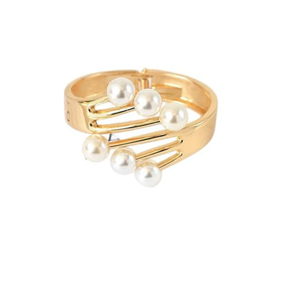 Dainty Pearl Cuff Bracelet for Women Elegant Layered Cuff Bracelet Statement Chunky Gold Bracelets Multi-layer Open Bangle Geometric Winged Bracelets Everyday Party Jewelry - color: Gold