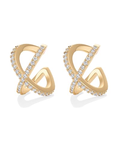 PAVOI 14K Gold Plated CZ Ear Cuff Earrings for Women, Clip On Cartilage | Hypoallergenic Huggie Ear Cuffs with Cubic Zirconia - style: Open