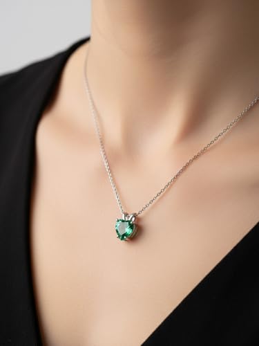 CYW Genuine Sapphire/Emerald/Ruby/Moissanite Necklace for Women, Really Authentic Solid 925 Sterling Silver, 16"/18"/20" Adjustable Chain, Anniversary Mother's Day Valentines Gift - color: Emerald - Heart - White Gold, size: 8mm