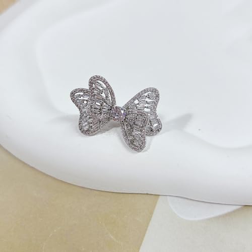 Luxury Rhinestone Bowknot Open Ring For Women Gold Silver Plated Adjustable Sparkly CZ Crystal Butterfly Finger Band Statement Bow Tie Ribbon Rings Fashion Shiny Wedding Promise Cocktail Jewelry For Her Gifts - color: Silver