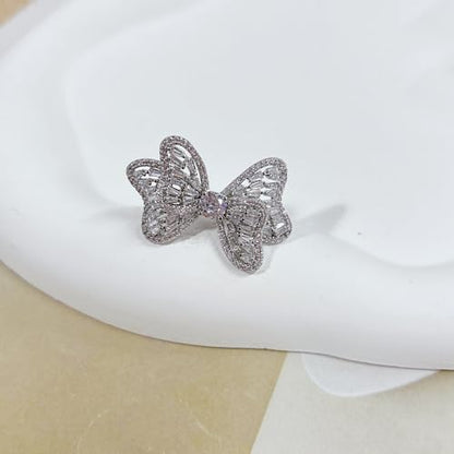Luxury Rhinestone Bowknot Open Ring For Women Gold Silver Plated Adjustable Sparkly CZ Crystal Butterfly Finger Band Statement Bow Tie Ribbon Rings Fashion Shiny Wedding Promise Cocktail Jewelry For Her Gifts - color: Silver