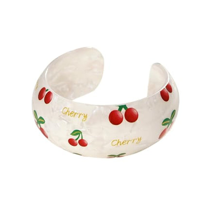 Chunky Fruit Acrylic Cuff Bangle Bracelet for Women, Colorful Strawberry Banana Cherry Watermelon Resin Acetate Wide Open Statement Jewelry Geometric Wristband Bracelets Summer Beach Jewelry - style: Cherry