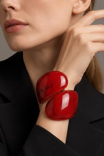 GelConnie Chunky Cuff Bangle Bracelet for Women, Statement Jewelry | Gold and Silver Tone Cuff Bangles with Resin, Crystal and Textured Accents for Party, Vacation and Dressy Looks - style: Bangle 05-Red