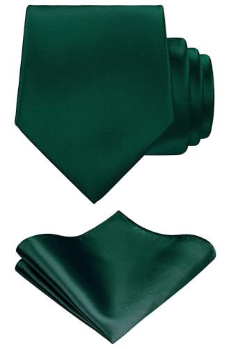 TIE G Solid Satin Woven dyed Color Formal Black Necktie and Pocket Square Sets in Gift Box - color: Hunter Green