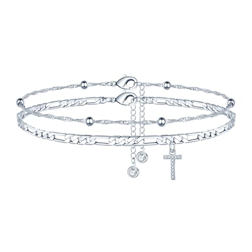 Ankle Bracelets for Women, 14K Gold Plated Dainty Layered Chain CZ Initial Anklets Summer Jewelry Gifts for Women - style: T-Silver