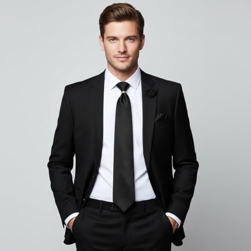 5PCS Mens Silk Tie, Pocket Square, Cufflinks, Drilled Tie Ring and Lapel Pin Set for Wedding Groom Party - color: Black Striped Tie Set -130