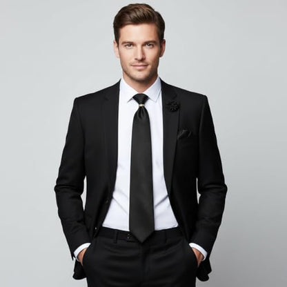 5PCS Mens Silk Tie, Pocket Square, Cufflinks, Drilled Tie Ring and Lapel Pin Set for Wedding Groom Party - color: Black Striped Tie Set -130