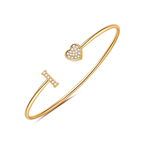 Gold Bracelets for Women Teen Girls, 14K Gold Plated Initial Heart Bangle | Adjustable Open Cuff Bracelet, Dainty Letter Jewelry, Daughter Sister Bridesmaid Friend, Birthday Christmas Graduation Gift - color: I