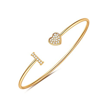 Gold Bracelets for Women Teen Girls, 14K Gold Plated Initial Heart Bangle | Adjustable Open Cuff Bracelet, Dainty Letter Jewelry, Daughter Sister Bridesmaid Friend, Birthday Christmas Graduation Gift - color: I