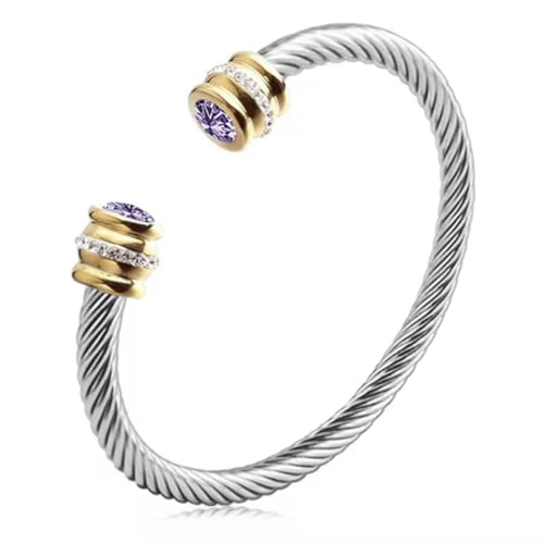 Birthstone Cable Cuff Bracelet for Women - Adjustable Open Cuff, Two-Tone Gold & Silver Twisted Bangle, Classic Stackable Jewelry Gift - color: Amethyst