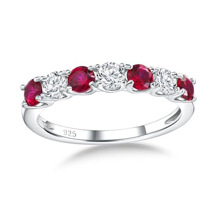Birthstone Wedding Band Eternity Rings 925 Sterling Silver Rings Stackable Anniversary Engagement Rings Cubic Zirconia Inlaid Created Garnet/Amethyst/Sapphire Ring 7 Stone Ring, Size 6 to 10 - color: Ruby & 5A CZ