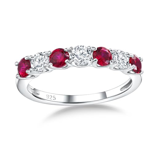 Birthstone Wedding Band Eternity Rings 925 Sterling Silver Rings Stackable Anniversary Engagement Rings Cubic Zirconia Inlaid Created Garnet/Amethyst/Sapphire Ring 7 Stone Ring, Size 6 to 10 - color: Ruby & 5A CZ