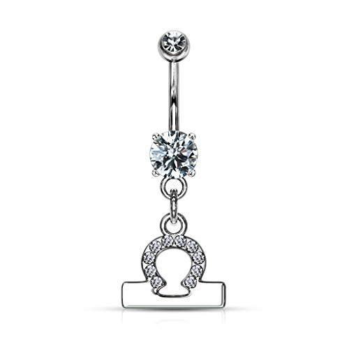 Forbidden Body Jewelry Surgical Steel CZ Jeweled Zodiac Sign Dangle Belly Button Ring - style: Libra