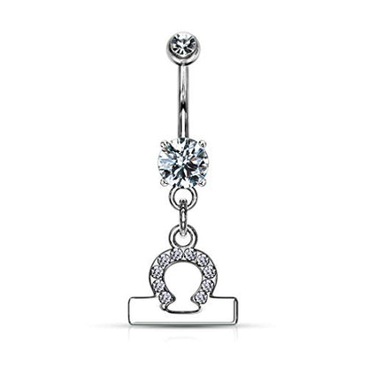 Forbidden Body Jewelry Surgical Steel CZ Jeweled Zodiac Sign Dangle Belly Button Ring - style: Libra
