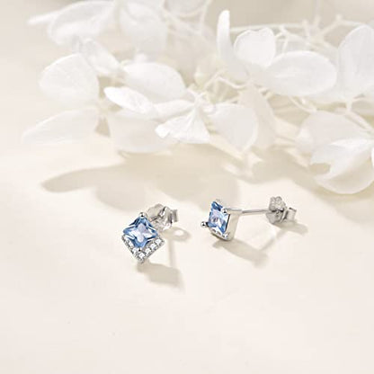 Birthstone Stud Earrings Sterling Silver Square Created Crystal Earrings Cubic Zirconia Hypoallergenic Piercing Jewelry Small Gifts for Women Mothers - color: Mar-Aquamarine