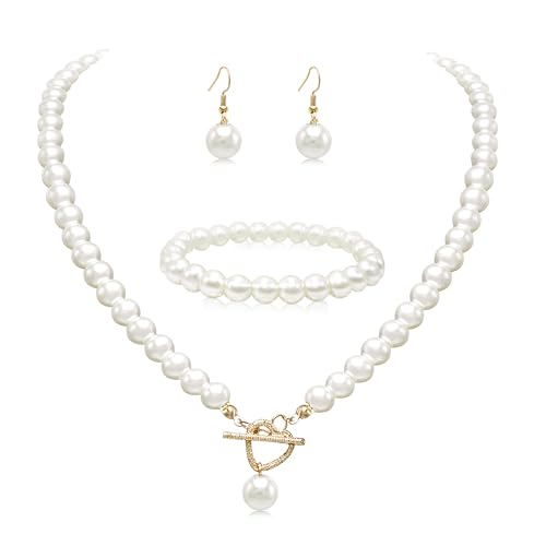 Cryshimmer Pearl Choker Necklace for Women Faux Pearl Beads Strand Necklace Earring Set Costume Jewelry,Gift for Wife Mother - color: Heart Toggle