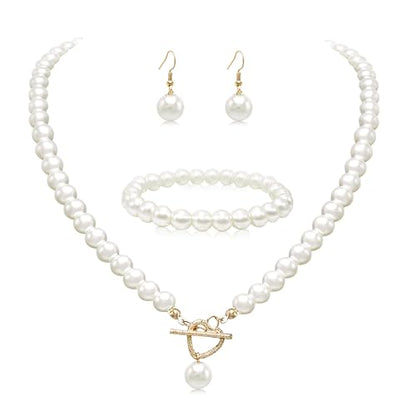 Cryshimmer Pearl Choker Necklace for Women Faux Pearl Beads Strand Necklace Earring Set Costume Jewelry,Gift for Wife Mother - color: Heart Toggle