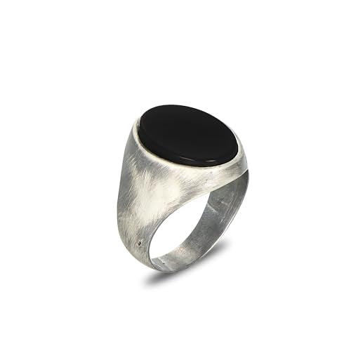 Silver Plated Steel Men's Ring with Oval Onyx Stone – Brushed & Oxidized Finish | Premium Stainless Steel Black Onyx Signet Ring for Men