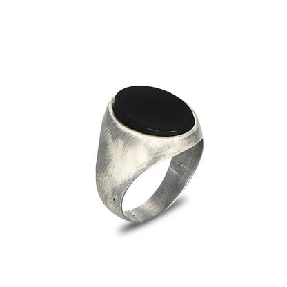 Silver Plated Steel Men's Ring with Oval Onyx Stone – Brushed & Oxidized Finish | Premium Stainless Steel Black Onyx Signet Ring for Men