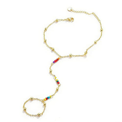 Hand Chain Bracelets for Women - 14K Real Gold Plated Dainty Stackable Paperclip Link Bracelets Hand Chain Bracelet Ring Gold Bracelets for Women Trendy - color: Colorful Beaded Hand Chain