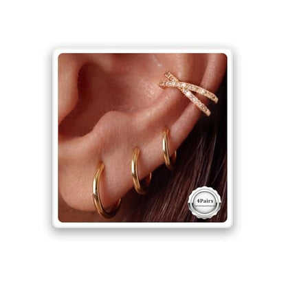 14G Huggie Hoop Earrings 6/8/10mm cross-band ear cuffs non piercing | Small 14K Plated gold Hoop Earrings for Women Hypoallergenic layered piercings Jewelry Set for Cartilage Helix Tragus Lobe